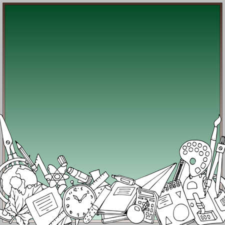 Frame with Hand Drawn School Doodle on green background.Back to School theme.の写真素材