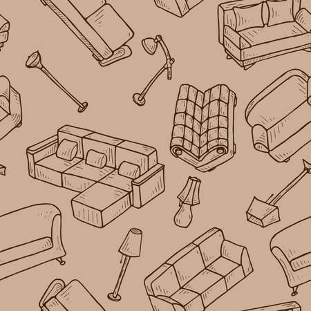 seamless pattern of hand drawn sofas and floor lamps in doodle styleの写真素材