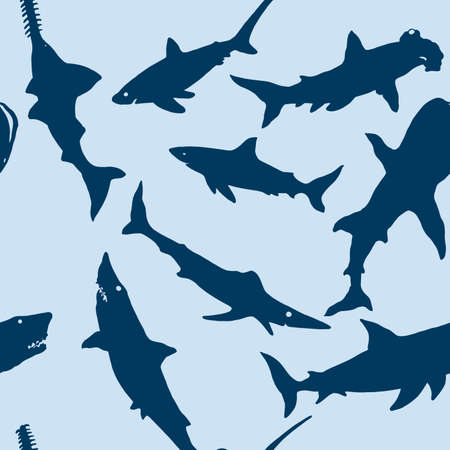 seamless pattern of hand drawn shark illustrations in silhouette styleの写真素材