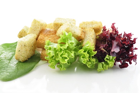 seasoned croutons and salad leavesの写真素材