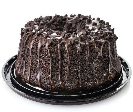 Gourmet Chocolate Cake with Chocolate Chips On White Backgroundの写真素材