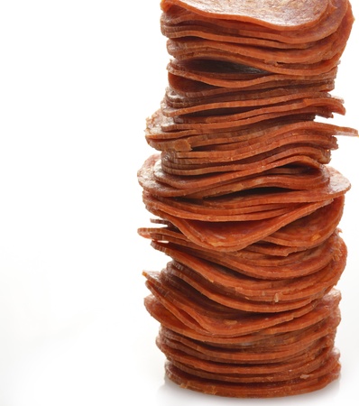 A Stack Of Pepperoni Slices On White Backgroundの写真素材