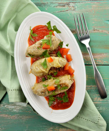 Stuffed Cabbage With Tomato Sauce, Top Viewの写真素材