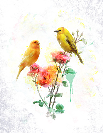 Watercolor Digital Painting Of Flowers And Yellow Birdsの写真素材