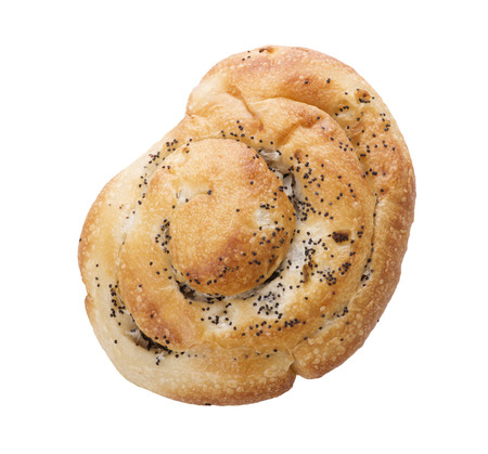 Onion roll with poppy seeds isolated on white backgroundの写真素材