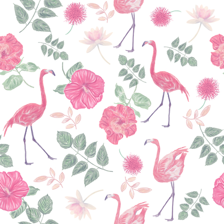 Seamless floral pattern with flamingo birds. Endless texture for your design.の写真素材
