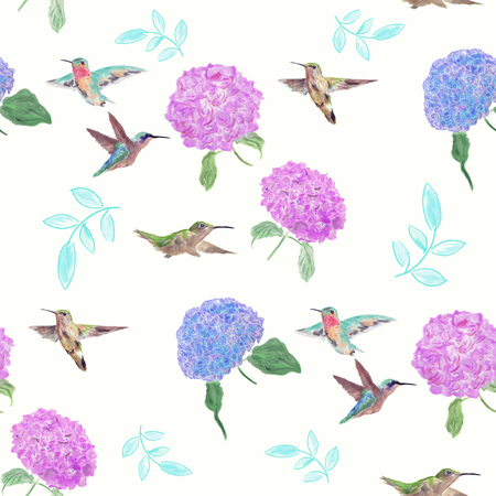 seamless  pattern with flowers and hummingbirds watercolor on white backgroundの写真素材