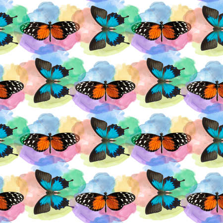 seamless pattern with butterflies on watercolor background. Endless design.の写真素材