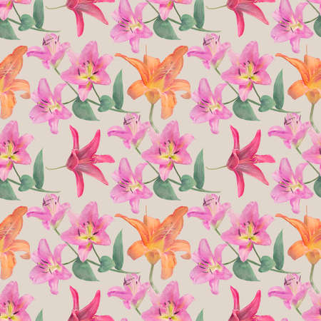 Seamless floral design with lily  flowers for background, Endless pattern.Watercolor illustration.の写真素材