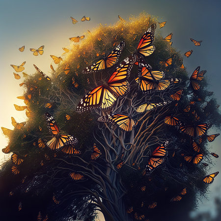 AI generated Abstract Background with Monarch Butterflies swarm around a Tree . AI generated Illustration.の素材