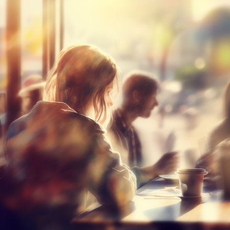 AI generated Image of People Sitting in a Small Cafe with Sunlight from a Window . AI generated Illustration.の素材