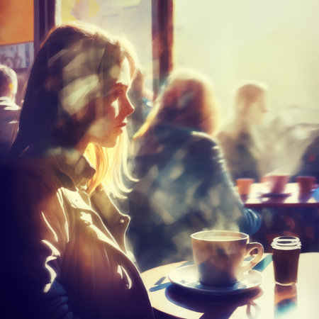AI generated Image of People Sitting in a Small Cafe with Sunlight fron a Window . AI generated Illustration.の素材