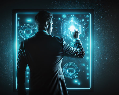 Businessman or Menager Pressing on Button of Digital Virtual Screen. AI generated Illustration.の素材