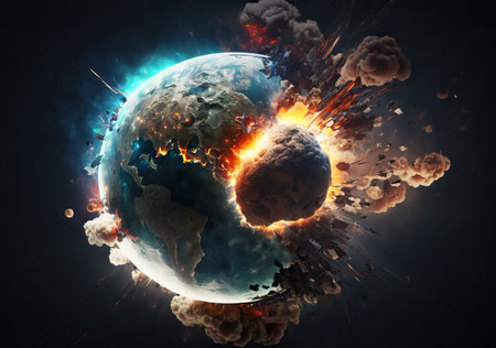 Giant asteroid colliding with a planet or Earth. AI generated Illustration.の素材