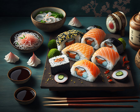 Variations of Sushi Rolls. AI generated Illustration.の素材