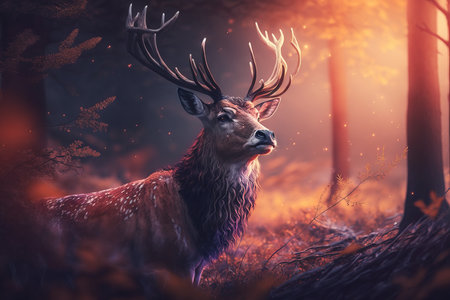 Beautiful Deer Buck in the Morning Foggy Forest. AI generated Illustration.の素材