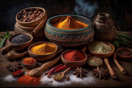 Collection Of Different Aromatic Spices And Herbs on Dark Background. AI generated Illustration.の素材