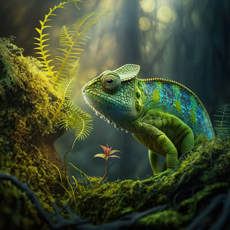 Beautiful Green Chameleon on a Branch of Rain Forest. AI generated Illustration.の素材