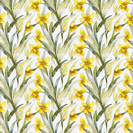 Seamless floral design with daffodil flowers for background, Endless pattern. AI generated Illustration.の素材