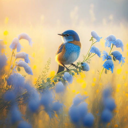 Beautiful Blue Bird in a Meadow with Wild Flowers in Foggy Morning. AI generated Illustration.の素材