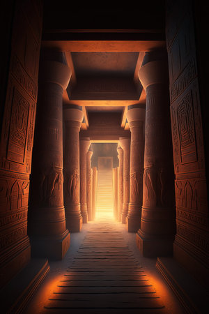 Ancient Egypt Art. Hieroglyphic carvings on the walls of an Ancient Egyptian Temple. .AI generated Illustration.の素材