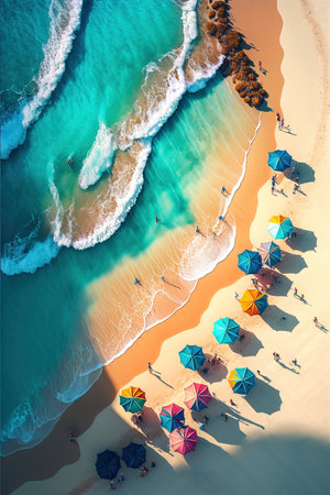 Aerial top view on sand beach with colorful umbrellas at sunset.AI generated Illustration.の素材