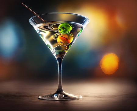 Glass of Martini with Green Olives . AI generated Illustration.の素材