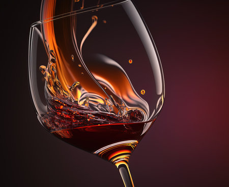 Red Wine Pouring into Wine Glass on Dark Background . AI generated Illustration.の素材