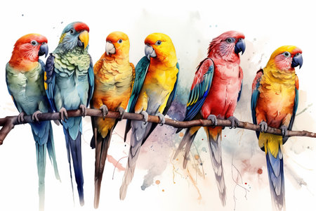 Beautiful Colorful Watercolor of Parrots Perching. AI generated Illustration.の素材