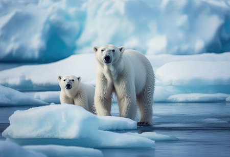 Polar Bear with Her Small Cub on Ice . AI generated Illustration.の素材