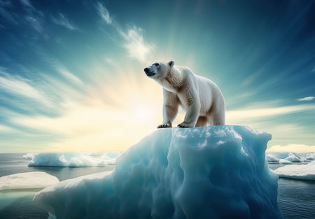 Large Polar Bear Stands on an Iceberg . AI generated Illustration.の素材