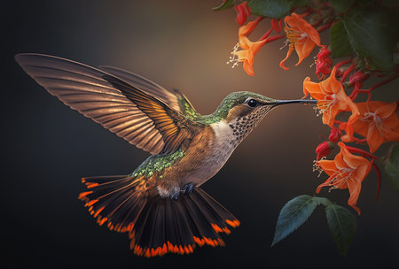 Beautiful Colorful Hummingbird in Flight Feeds on Tropical Flowers. AI generated Illustration.の素材