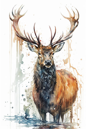 Watercolor of Large Deer Buck , front View . AI generated Illustration.の素材