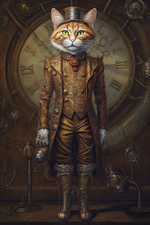 Steampunk Style Cat . AI generated Illustration.の素材