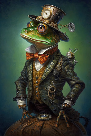 Steampunk Style Frog . AI generated Illustration.の素材