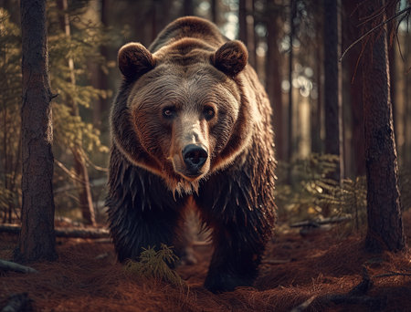 Large Grizzly Bear Walking in the Woods. AI generated Illustration.の素材