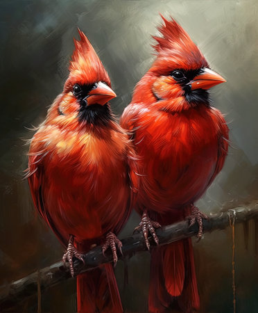 Two Northern Cardinals on a Branch . Realistic Oil Painting .AI generated Illustration.の素材