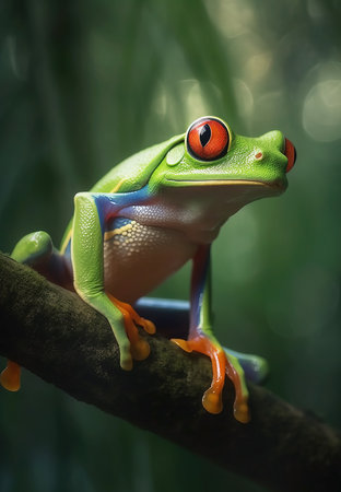 Colorful Red Eyed Tree Frog on a branch. AI generated Illustration.の素材