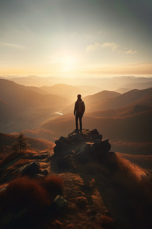 Hiker Standing on the Summit of a Mountain at Sunset . AI generated Illustration.の素材