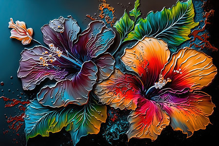 Beautiful Abstract Digital Oil Painting of Colorful Hibiscus Flowers .AI generated Illustration.の素材