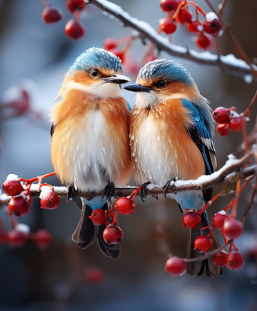 Two Cute Birds on a Tree Branch in Cold Winter Day. AI generated Illustration.の素材