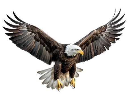 American Bald Eagle in Flight isolated on white background. AI generated Illustration.の素材