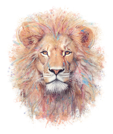 Lion Head Abstract Watercolor painting isolated on white backgroundの写真素材