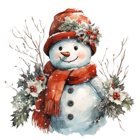 Watercolor Image of  Snowman with Christmas Decor, isolated on white background. AI Illustration.の素材