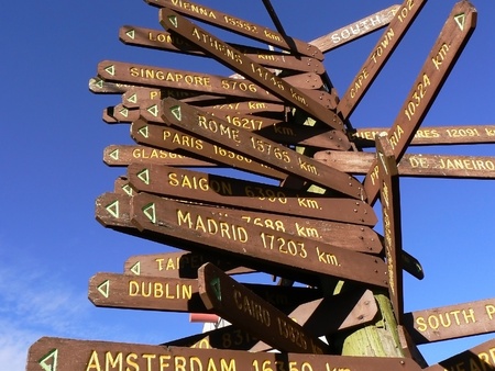 Direction to different places of the world indicated in a street sign. Photo taken in South...