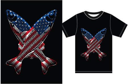 T-shirt print design with fish and American flag. Vector illustrationのイラスト素材