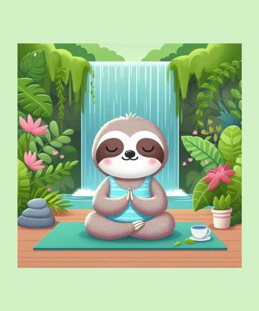 Cute cartoon sloth sitting on yoga mat in front of waterfall. Vector illustration.のイラスト素材