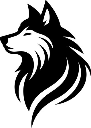 This image features a sleek, minimalist black silhouette of a wolf's head and part of its neck,...