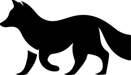 The image displays a minimalist black silhouette of a fox standing on all fours against a white background. The fox has a pointed snout, upright ears, and a bushy tail. The design emphasizes the animal's natural posture and shape with clean, bold lines, creating a striking and simple visual representation.のイラスト素材