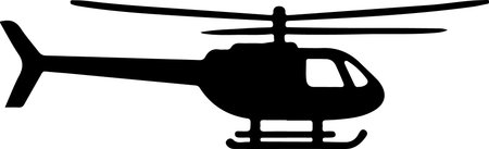 This image features a minimalist black and white illustration of a helicopter viewed from the side....